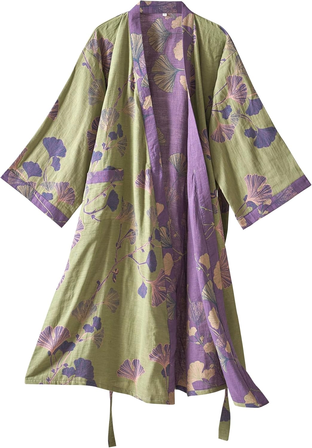100% Cotton Gauze Ginkgo Leaf Kimono Robe, Long Knit Loose Loungewear Bathrobe Nightgown Ladies Sleepwear for Women