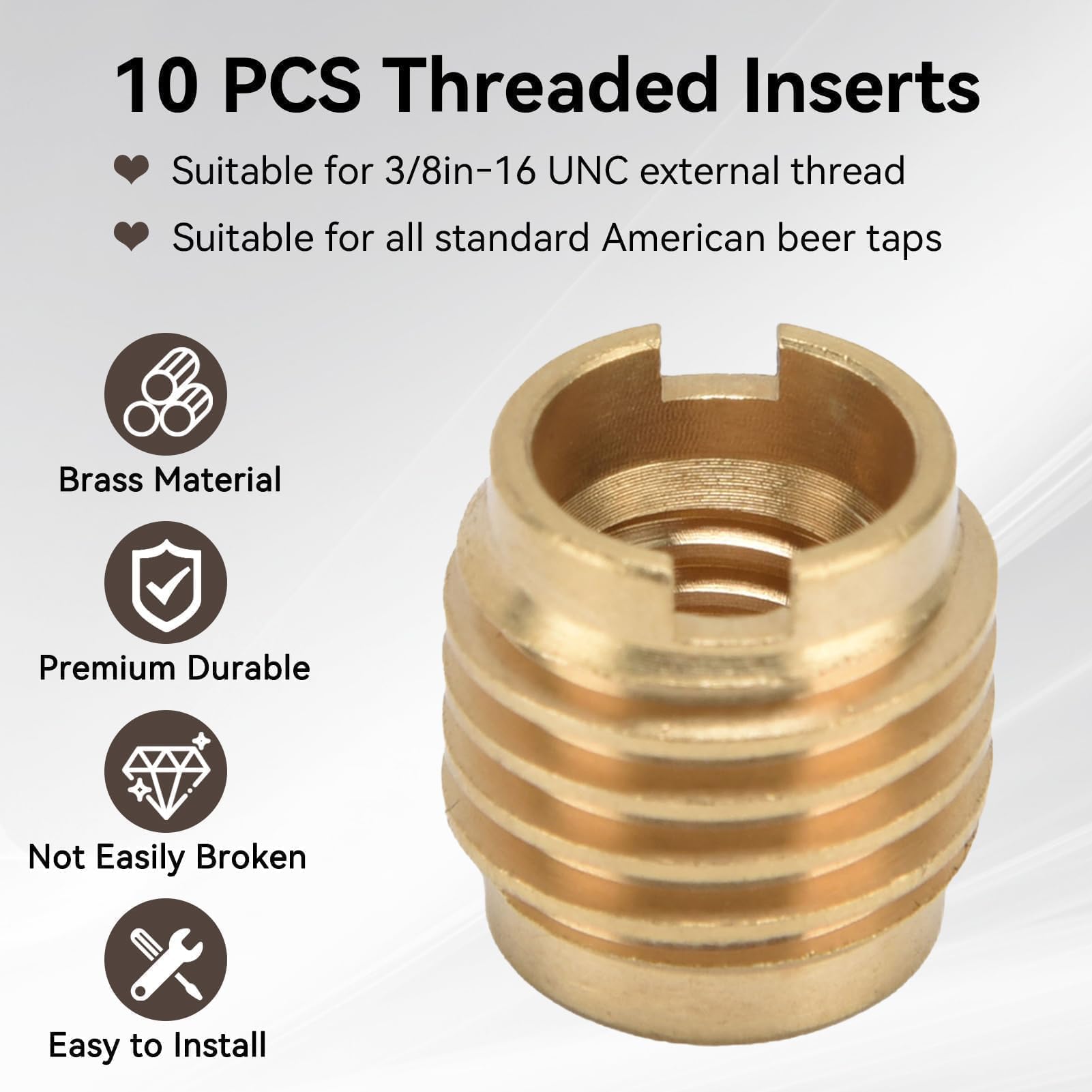 Brass Threaded Inserts - 10 Pack for Beer Taps -3