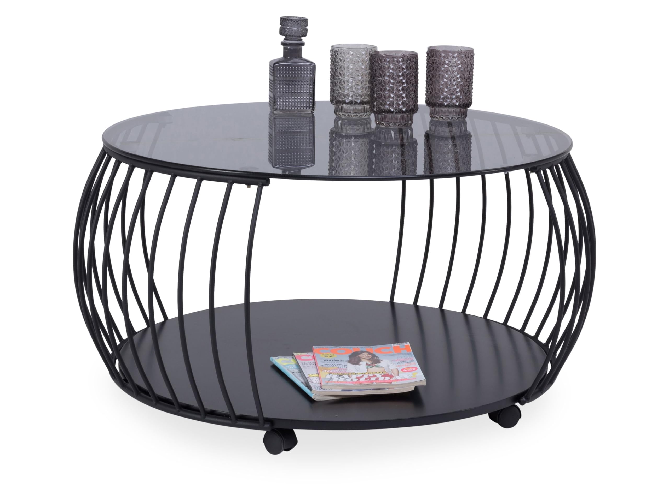 M2 Kollektion Shanghai 1 – Runder Couchtisch mit Glasplatte, Ø 60 cm, H 45 cm | Schwarzes Metallgestell | Mit Ablage & Rollen | Modernes Industrial-Design | Pflegeleicht & stabil