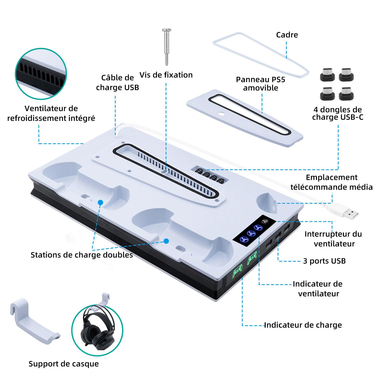 Support de Refroidissement pour PS5 Pro, PS5 Slim UHD/Digitial Edition Ventilateur Station de Refroidissement, Chargeur Manette, avec Support de Casque, 3 USB - Blanc