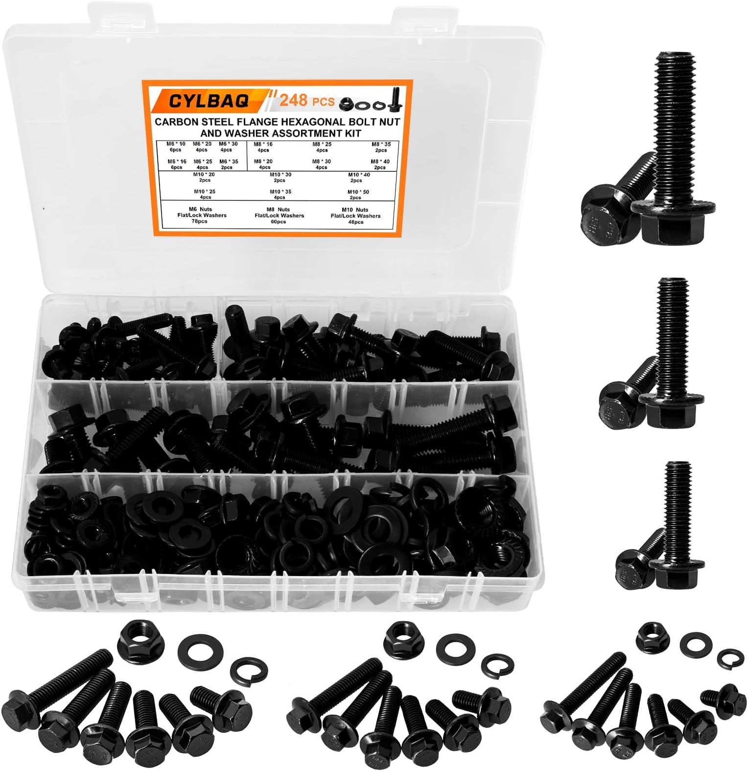 Flange Nut and Bolt Set M6 M8 M10, 248PCS Flanged Hex Bolts With Flat & Lock Washers, Carbon Steel Hexagon Head Nut and Bolt Sets, Black Metric Assorted Machine Screws