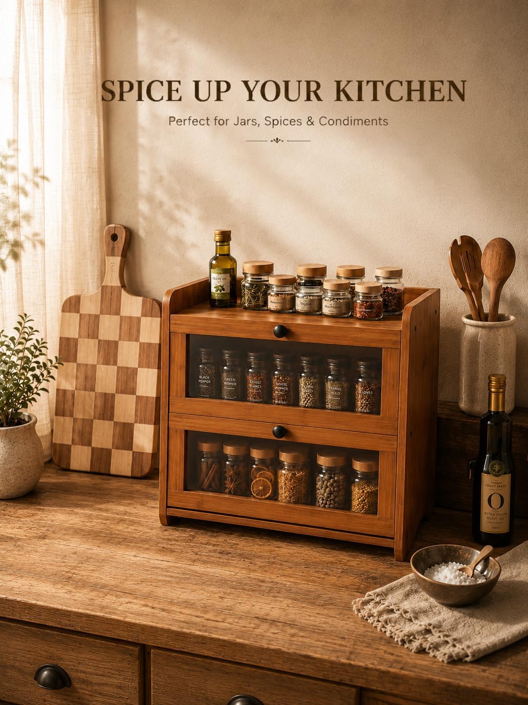 Brown Bread Box for Kitchen Countertop, 2 Tier Large Capacity Wooden Bread Storage Container, Farmhouse Bread Keeper for Bread, Bagels, Pantry Organizer