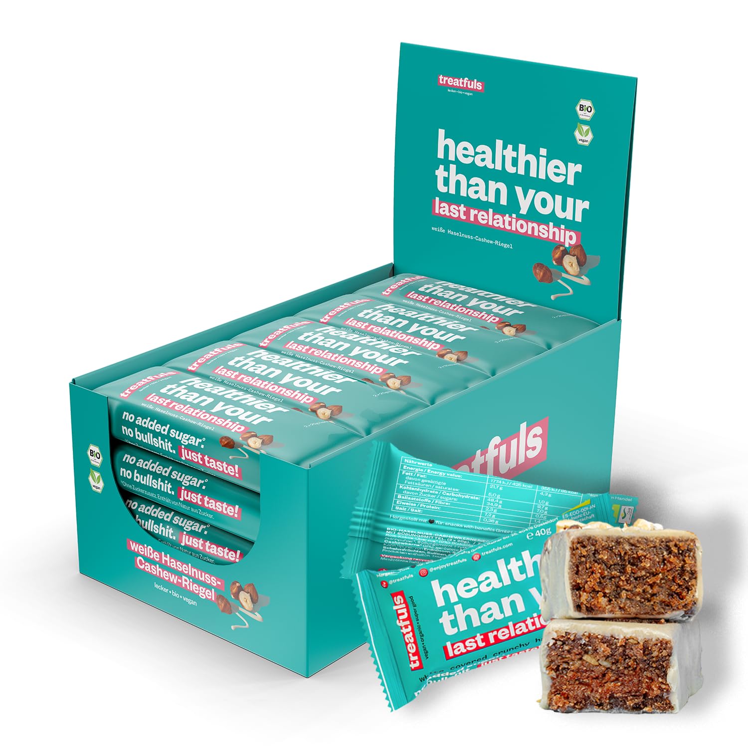 treatfuls weiße Bio-Haselnuss-Cashew Riegel 20x40g | Datteln und Haselnüsse | vegan | 100% natürliche Zutaten | glutenfrei | laktosefrei | ohne Soja