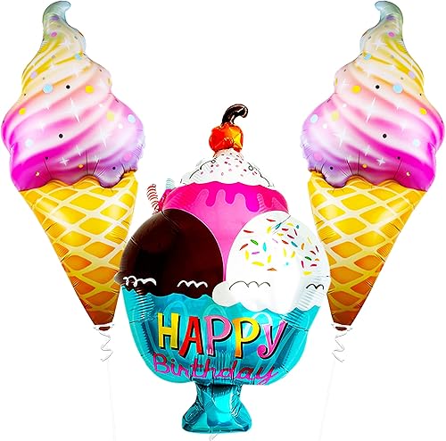 KatchOn, Globo enorme de helado, 37 pulgadas, paquete de 3, globo de aluminio de Mylar para decoraciones de fiesta de helado, decoraciones de feliz