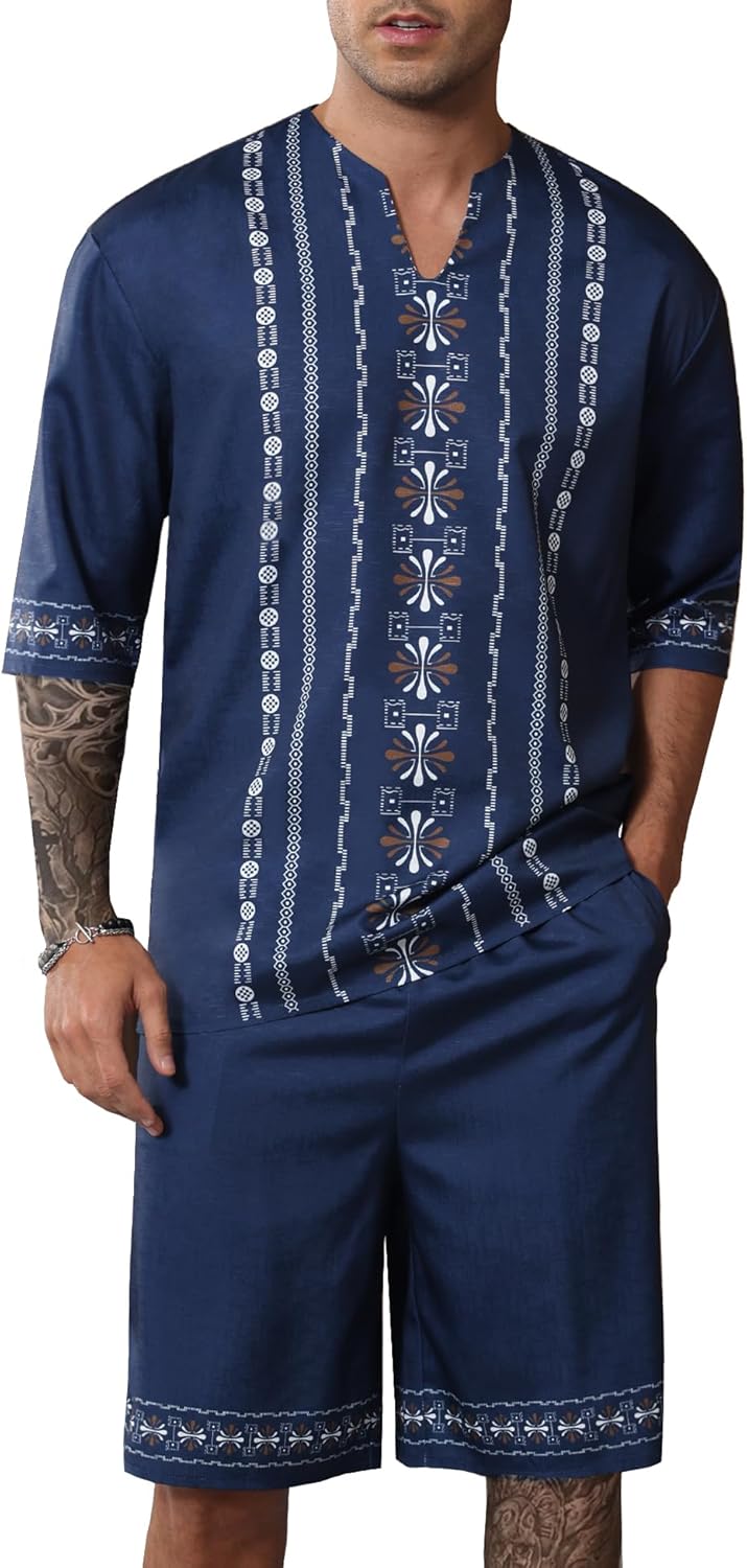 Men's Print Linen Shirts and Shorts Set Short Sleeve 2 Piece Beach Vacation Outfits Summer Yoga Suits With Pockets