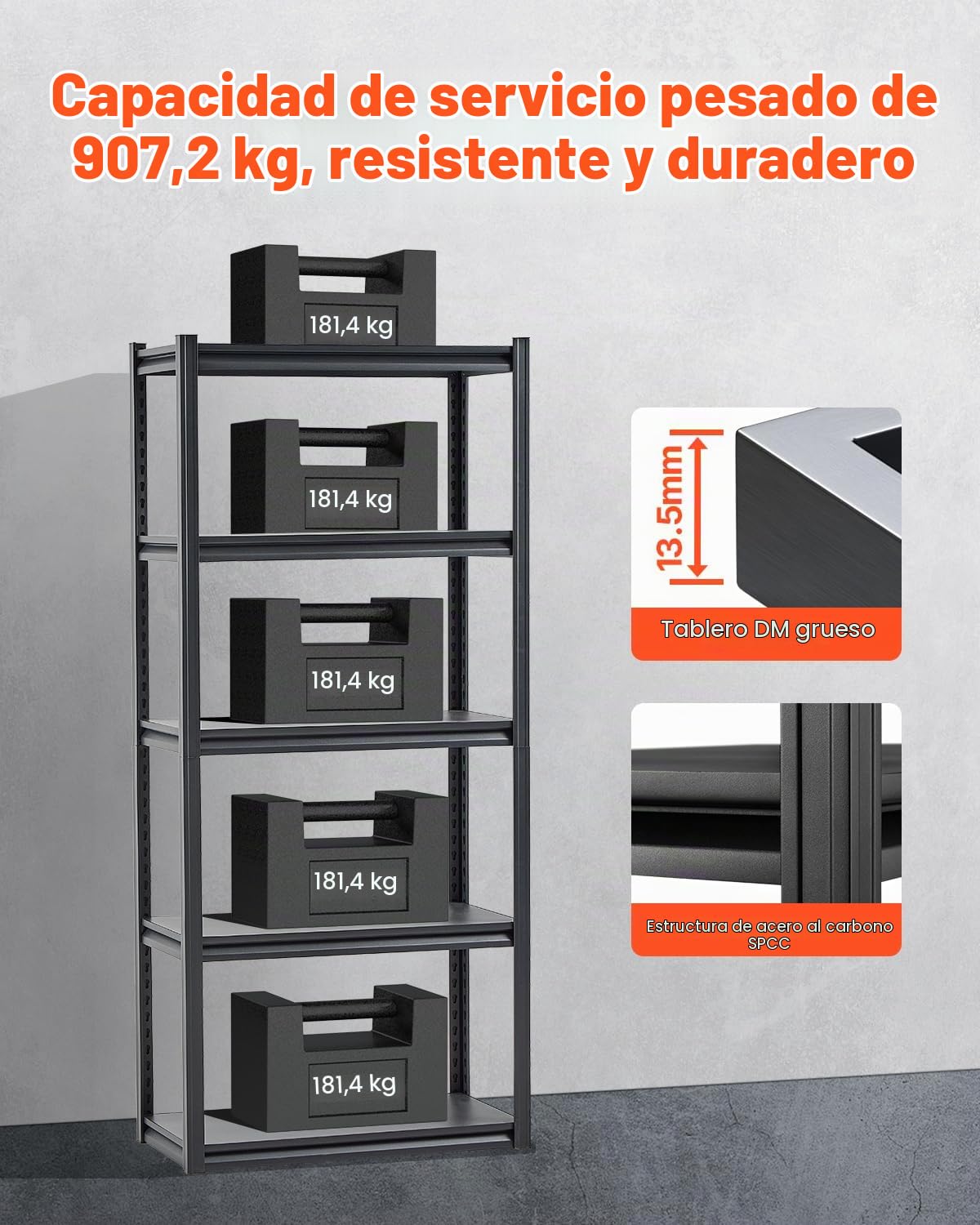 VEVOR Estantes de Almacenamiento de 5 Niveles de 406,4 x 812,8 x 1828,8 mm Capacidad de Carga Total de 907 kg, Estantes de Metal Ajustables para Garaje, Cocina, Almacén, Sótano, Trastero, Negro