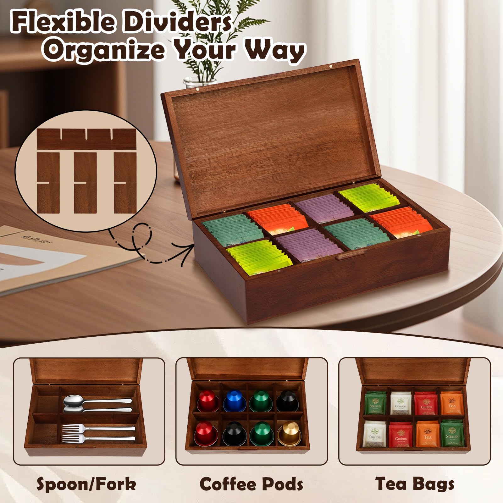 Teebox Holz für Teebeutel 8 Fächer, Teekiste aus Akazienholz mit Magnetische Deckel, 31 x 19.5 x 9.5 cm Retro Tee Organizer Tee Behälter Teebeutel Aufbewahrungbox, Wechselbare Trennwand