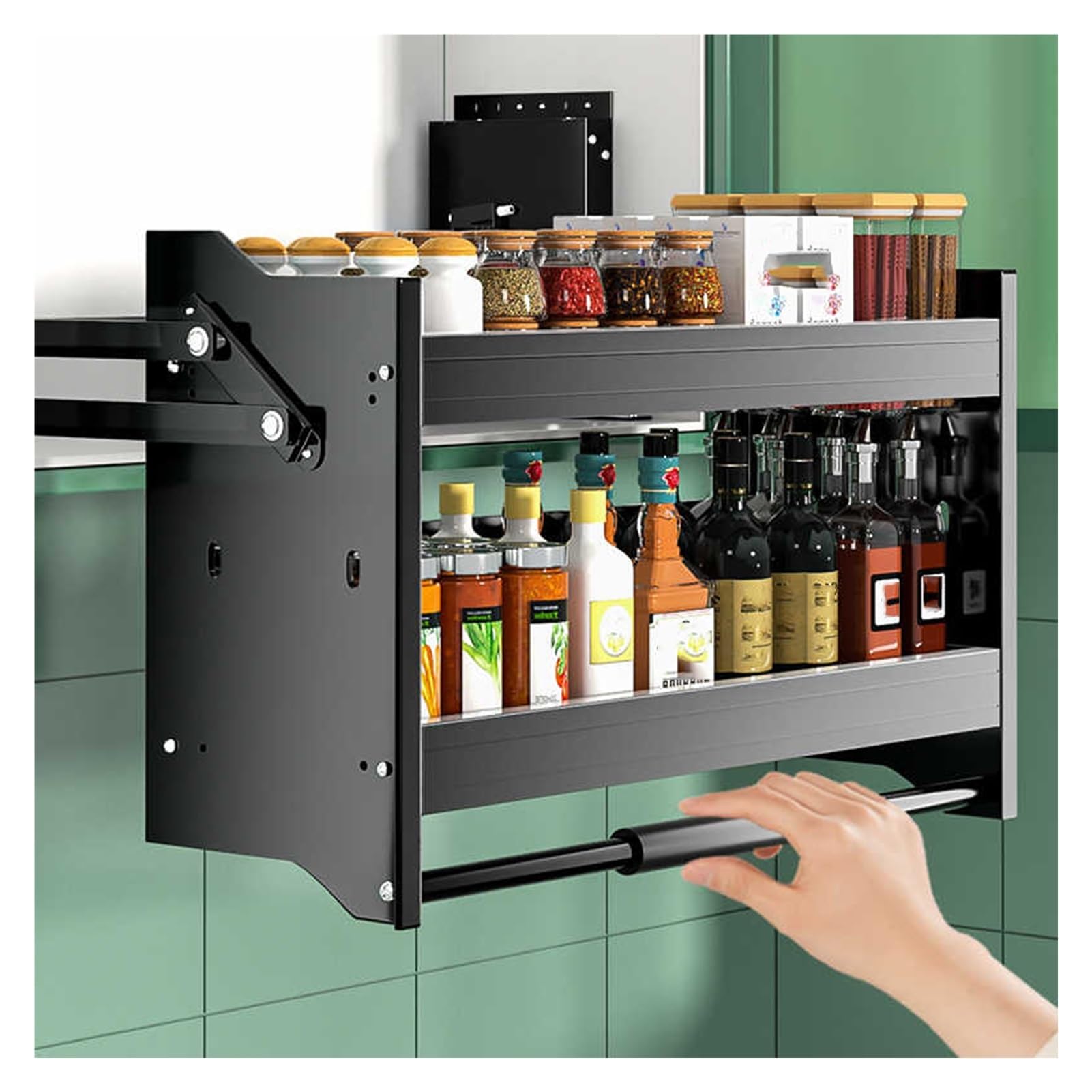 IUokLU Dual Tier Pull Down Wall Mounted Pantry Organizer, Sliding Storage Basket for Kitchen Cabinet - Maximize Space & Efficiency in Your Kitchen(560-610mm)
