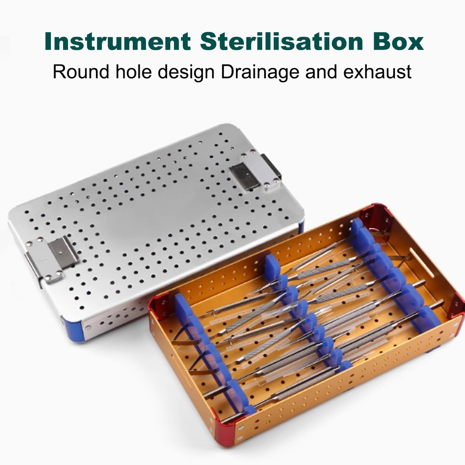 Scatola di sterilizzazione medica, vassoio in alluminio per la pulizia degli strumenti con strisce in gomma morbida, design che assorbe gli urti per chirurgia, ospedali e odontoiatria