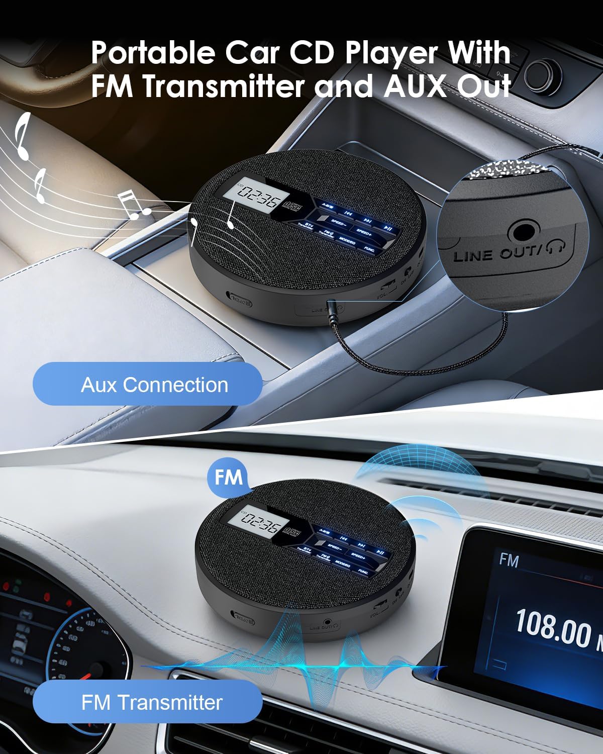 Portable CD Player for Car with FM Transmitter, Rechargeable Small CD Player with Bluetooth & Dual Speakers for Home, Anti-Skip, Resume Playback, AUX/USB, Backlit LCD Display, Headphones