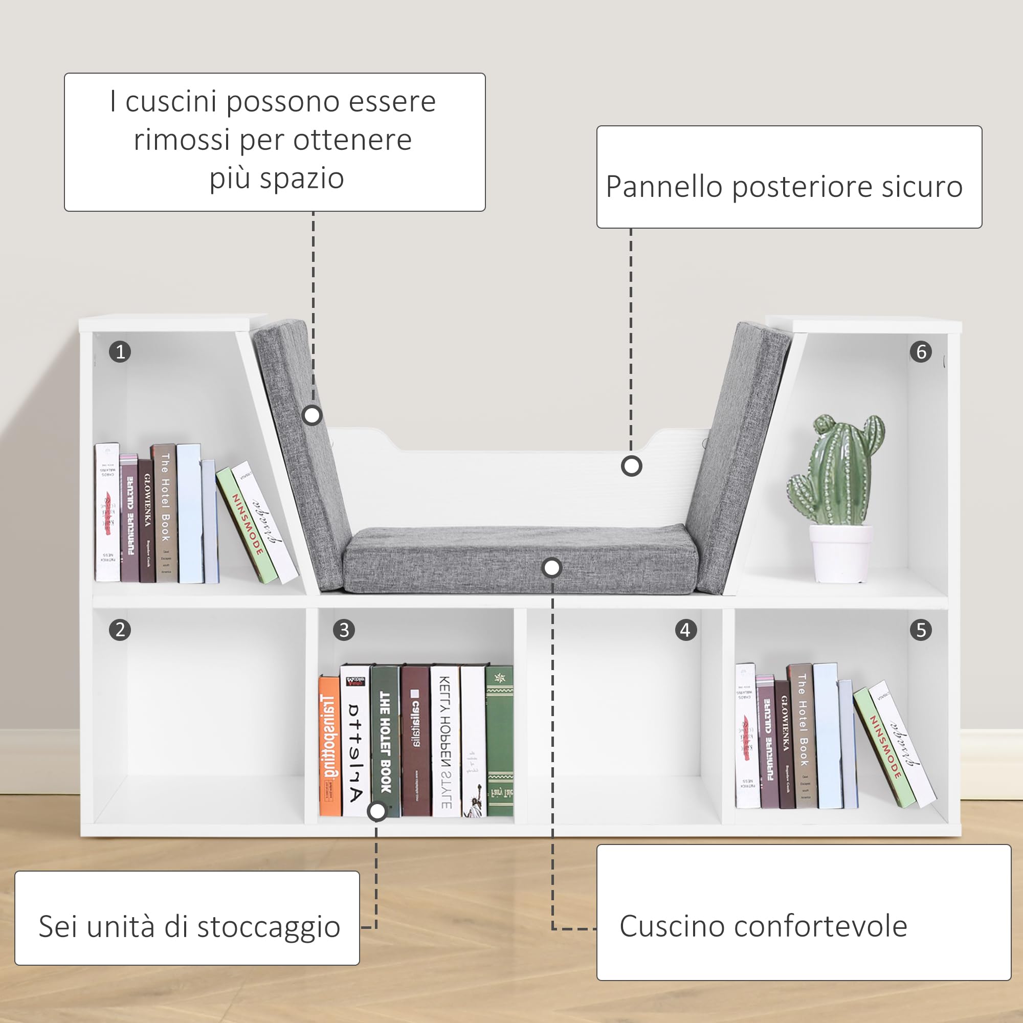 HOMCOM Libreria Scaffale 2 in 1, Cuscini Morbidi, 102x30x61 cm, Bianco