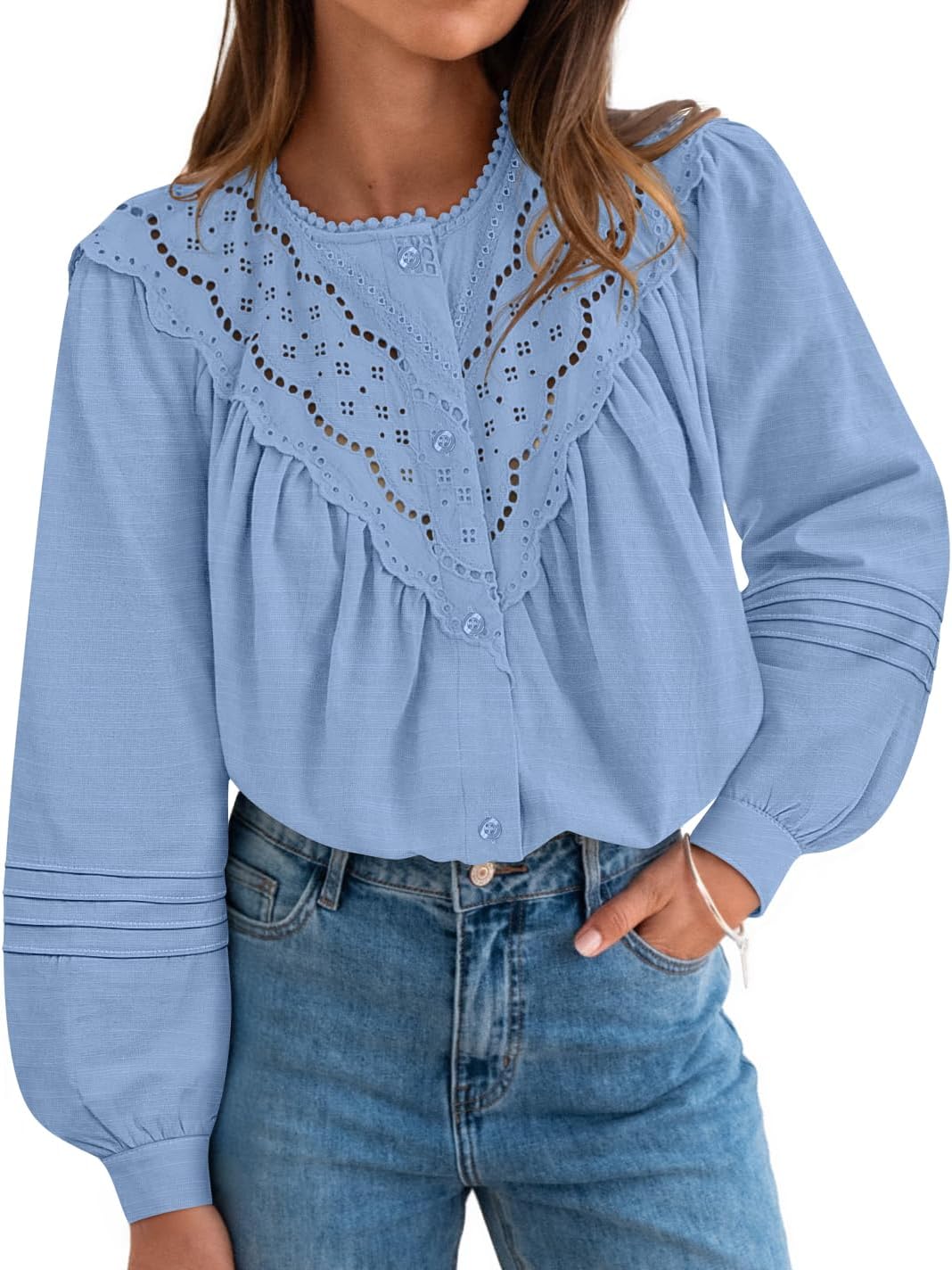 ZESICA Long Puff Sleeve Babydoll Tops for Women Lace Crochet Button Down Boho Victorian Shirts Dressy Casual Blouses Sky Medium