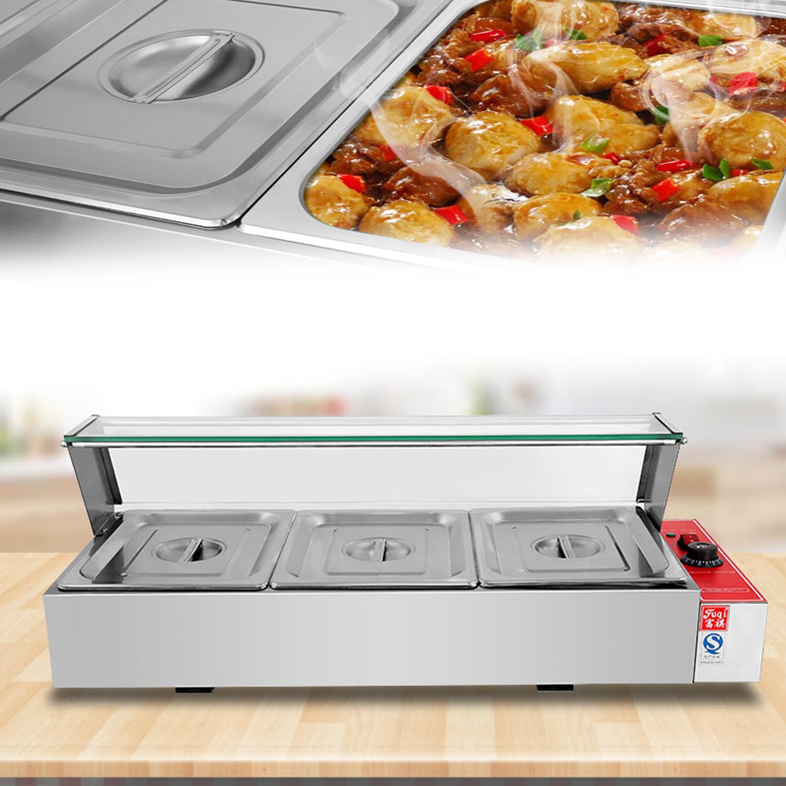 Calentador de alimentos eléctrico comercial, servidor de buffet de 1500 W con tapas para catering, temperatura ajustable de 30 a 110 ℃, calentador de sopa de acero inoxidable para fiestas