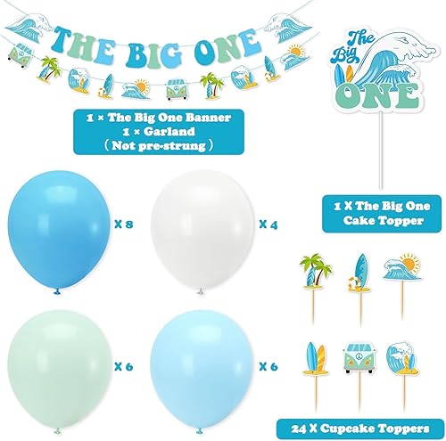 Miniatura 2 de Vansolinne The Big One - Decoraciones de fiesta de cumpleaños de surf para verano, surf, playa, primer cumpleaños, suministros de decoración de