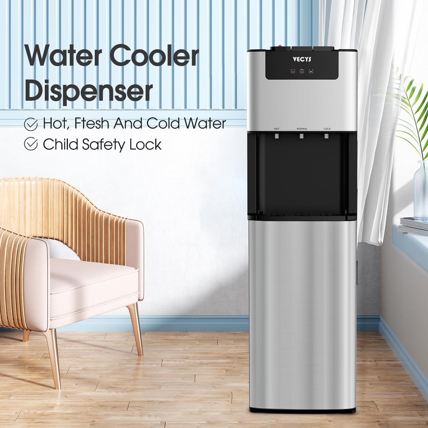 VECYS Bottom Loading 3 5 Gallon Self-Clean Water Dispenser, Hot Cold Room Temper Water Cooler with Child Safety Lock, 304 Stainless Steel Reservoirs and Water Intake Tube