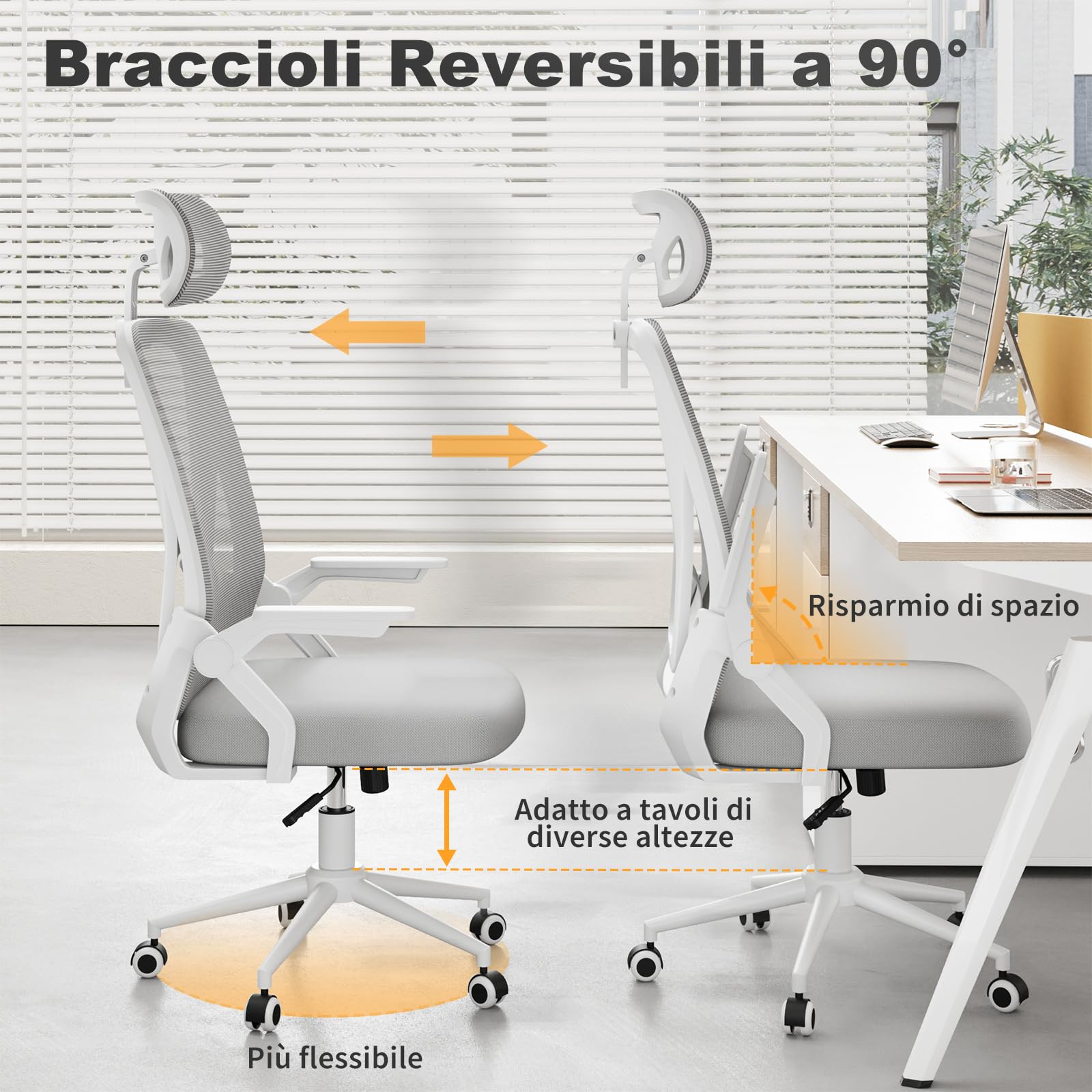 naspaluro Sedia da Ufficio,Con Braccioli Ribaltabili a 90°,Rivestimento in Rete Traspirante, Sedia Girevole a 360° Con Funzione Swing (Con poggiatesta, Gray)