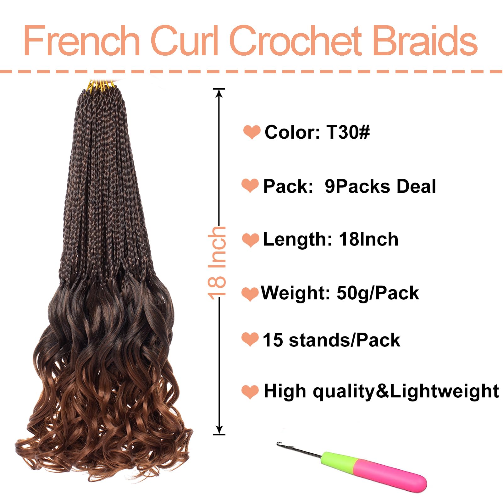 Mscat 9 Packs French Curl Crochet Braids 18 Inch Ombre Brown Pre Looped Bohemian Goddess Box Braids Crochet Hair Synthetic French Curly Braiding Hair for Women T30# - Image 2