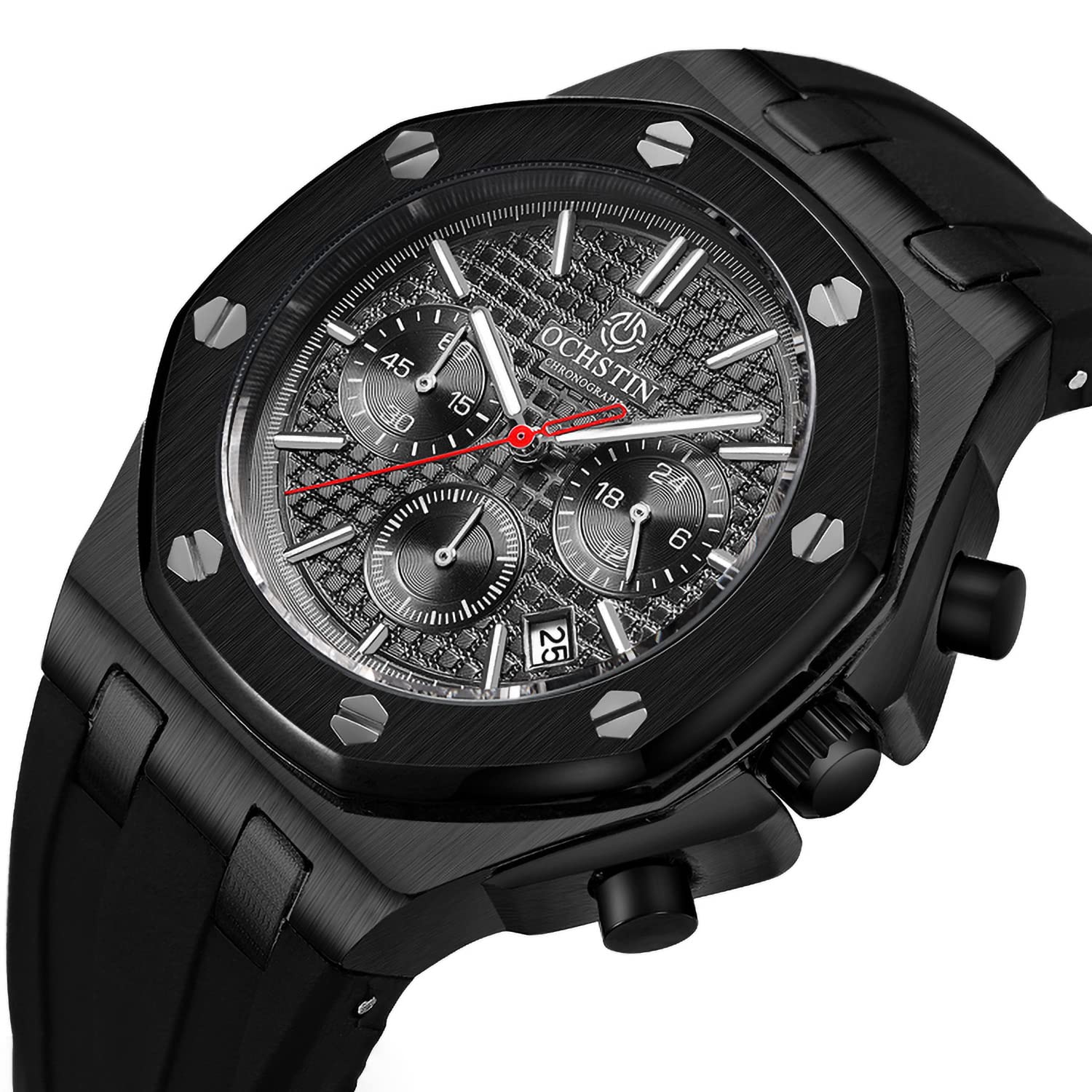 TEINTOP Ochstin Precision Chronograph męski zegarek biznesowy męski ośmiokątne zegarki, Silikon czarny, Gotycki
