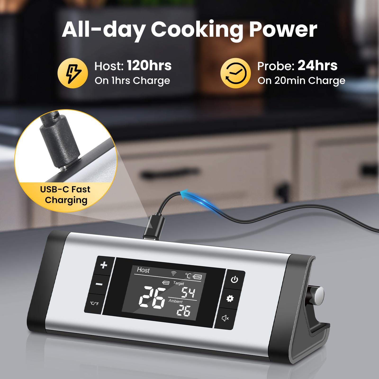 Thermometre Cuisine sans Fil, Sonde Temperature Cuisine Barbecue, Thermometre Connecté Bluetooth 240m et App, Étanche et Rechargeable, Minuterie et Alarme, Thermomètre Viande pour Four, Grill, Cadeau