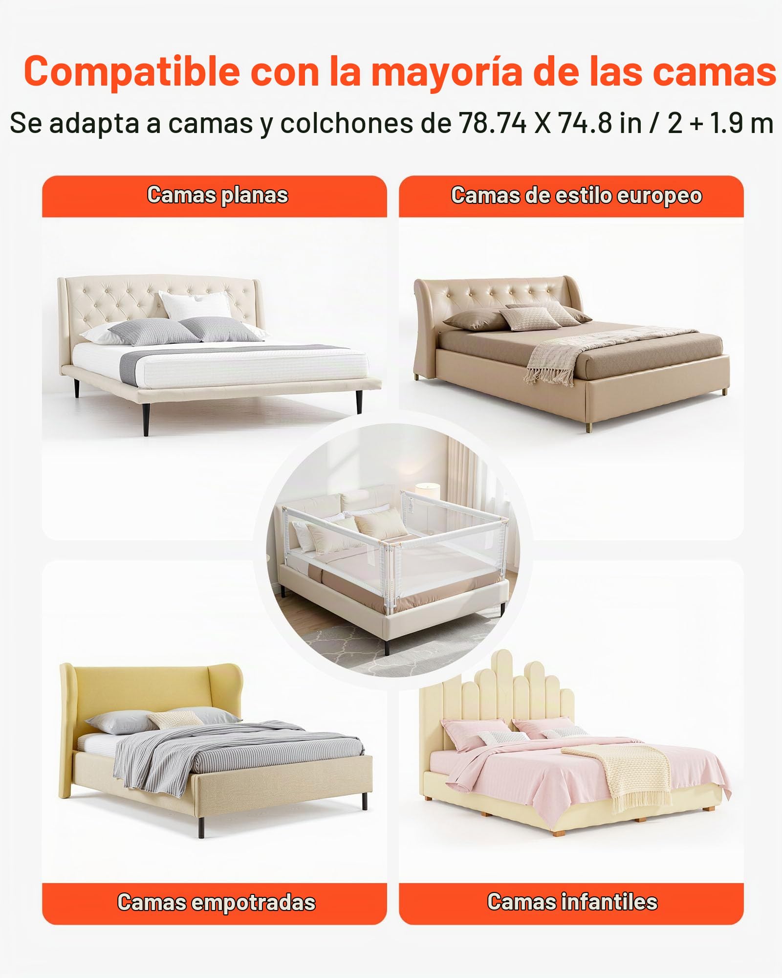 VEVOR Barandilla de Cama Infantil de 3 Lados, Tubo de Hierro Reforzado, Tela Oxford, Altura Ajustable de 68 a 89 cm, para Camas Tamaño King, Grosor de Colchón de 5 a 27 cm, 2000 x 620 mm, Gris