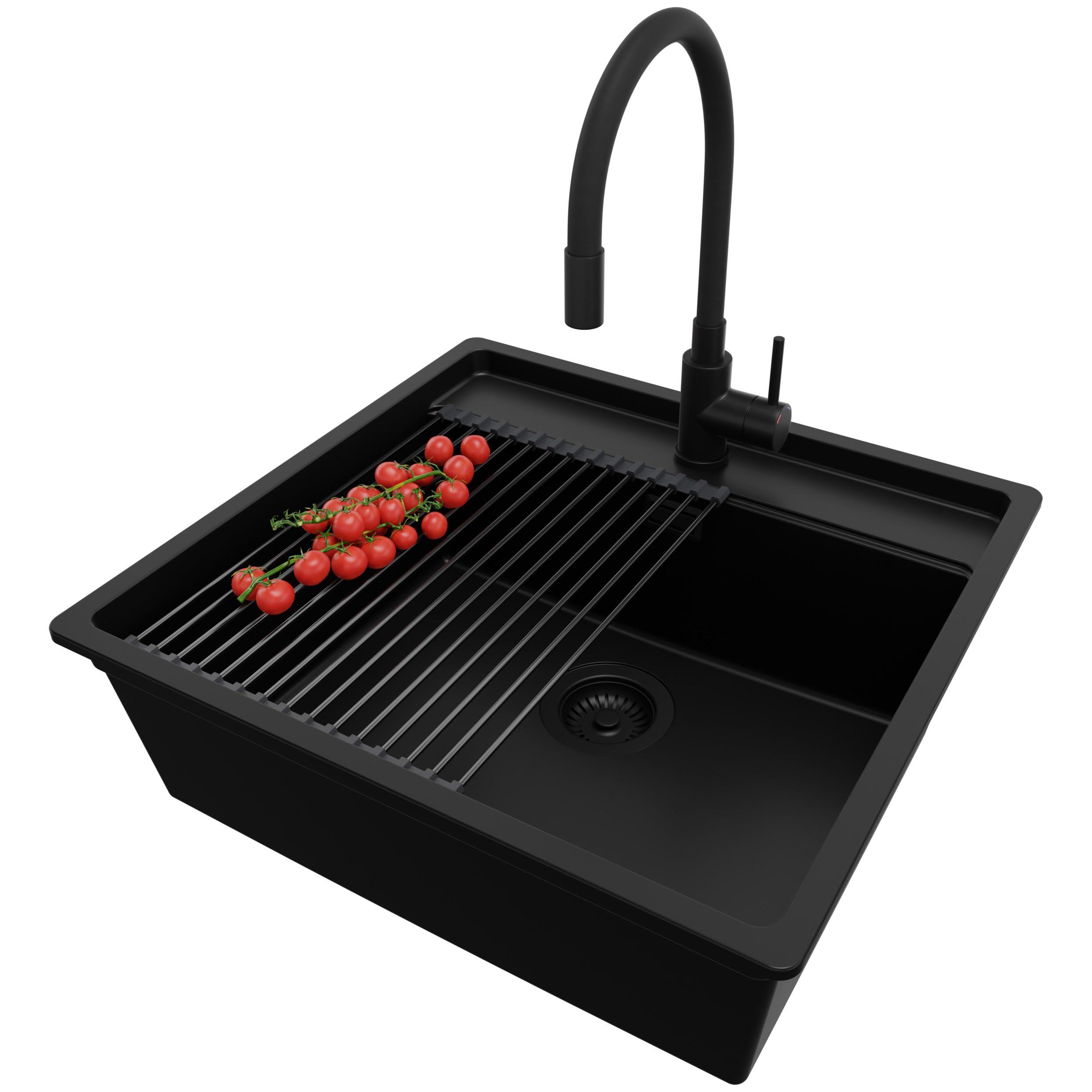 Évier encastrable sous plan Primagran Bergen S056 en granit noir pour meuble de 60cm avec robinet