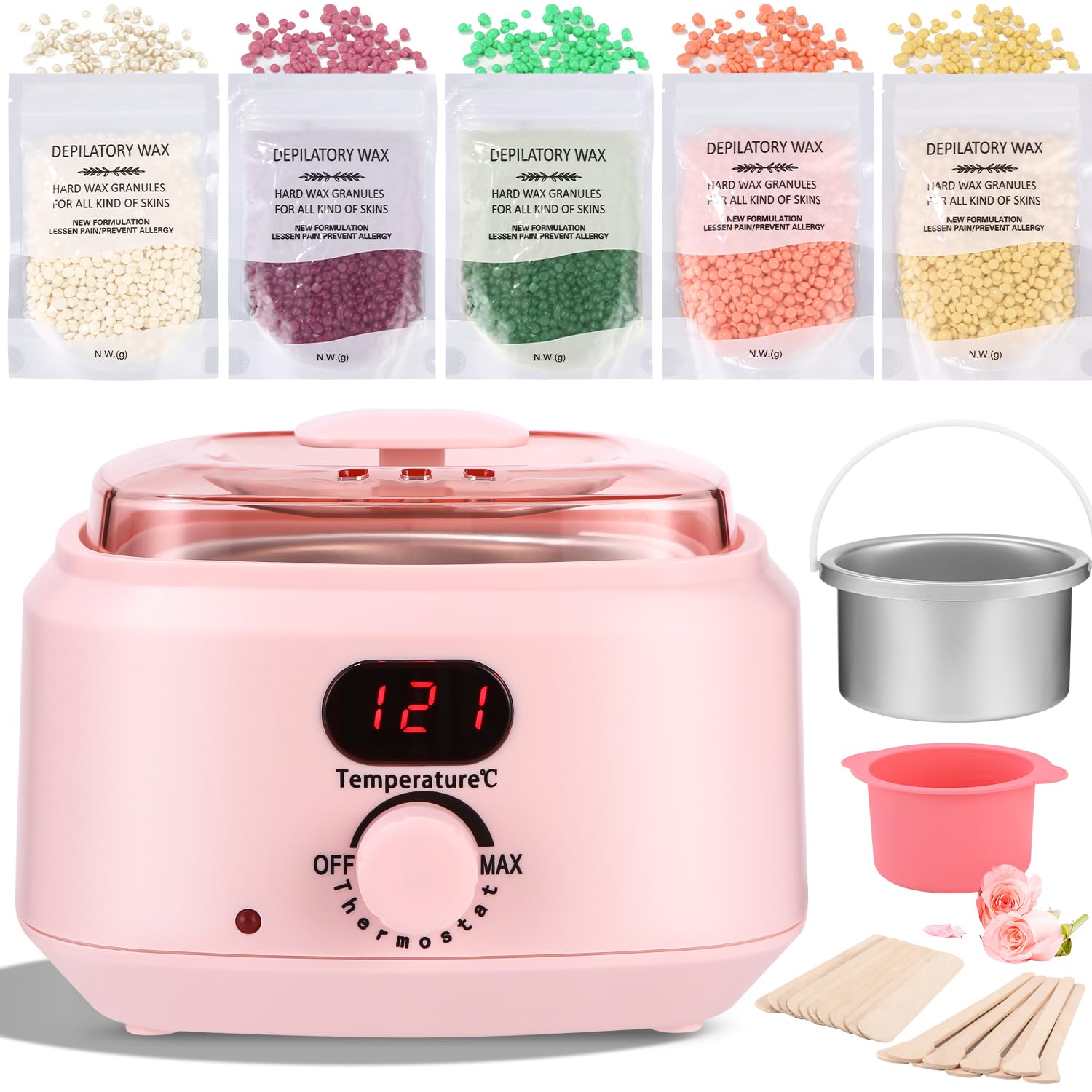Chauffe cire epilation professionnelle, kit epilation cire 5 paquets de perles d’épilation, 1 bol en silicone et 30 bâtonnets de cire, 10 applicateurs