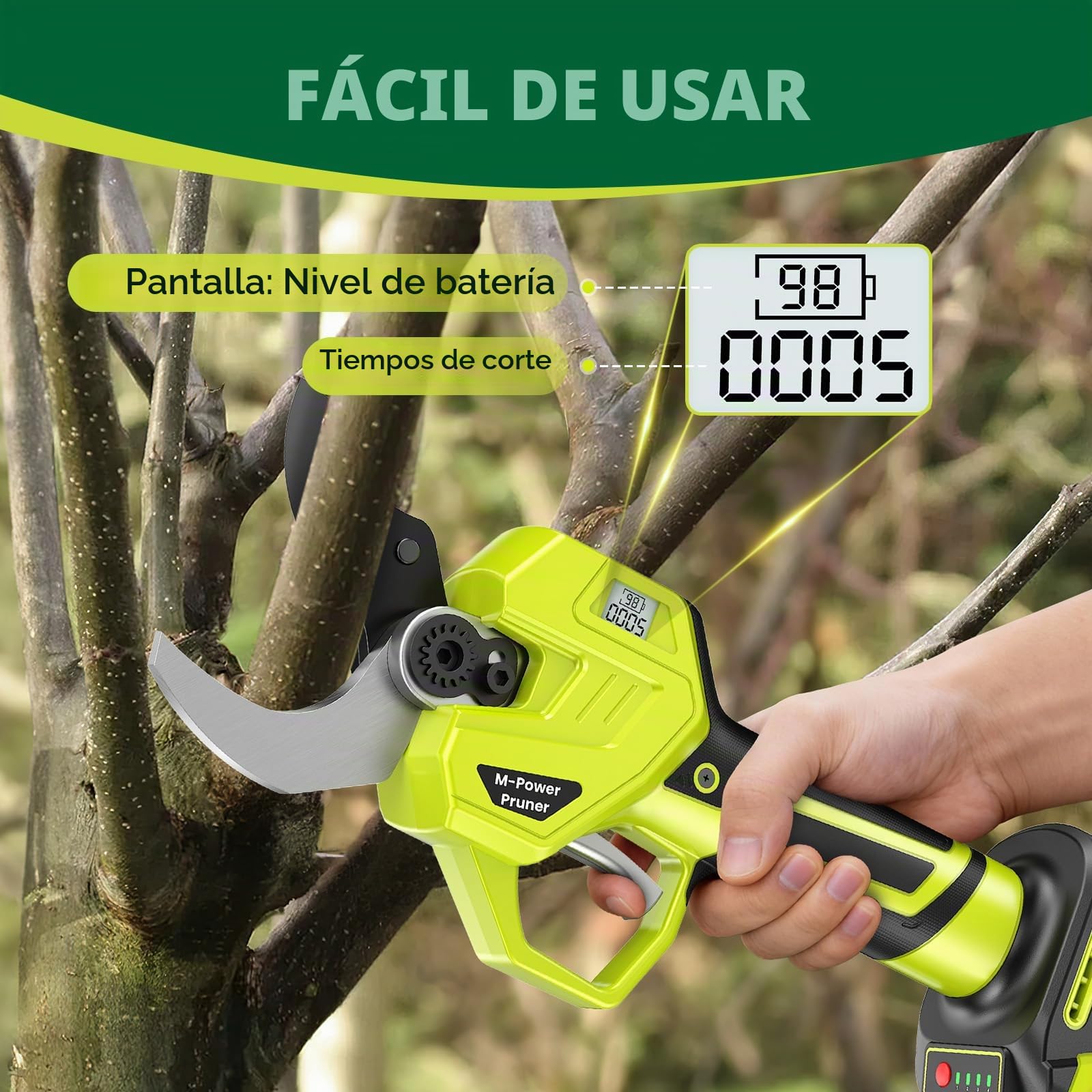 Tijeras de Podar Electricas, 60mm Tijeras de Podar Bateria 4000 mAh, 1200W Motor sin Escobillas, Hoja SK7, 4 Tamaños de Apertura 35-70mm, Profesional Tijeras de Podar para Huertos, Jardines, Granjas