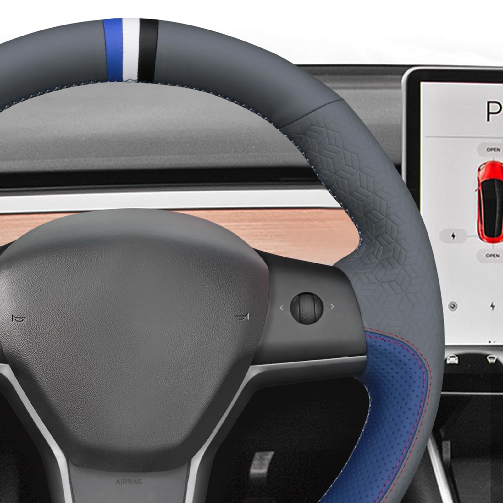 MEWANT Housse de volant cousue à la main pour Tesla Model 3 2017-2023/Model Y 2020-2023 pour Tesla Model 3/Y Accessoires
