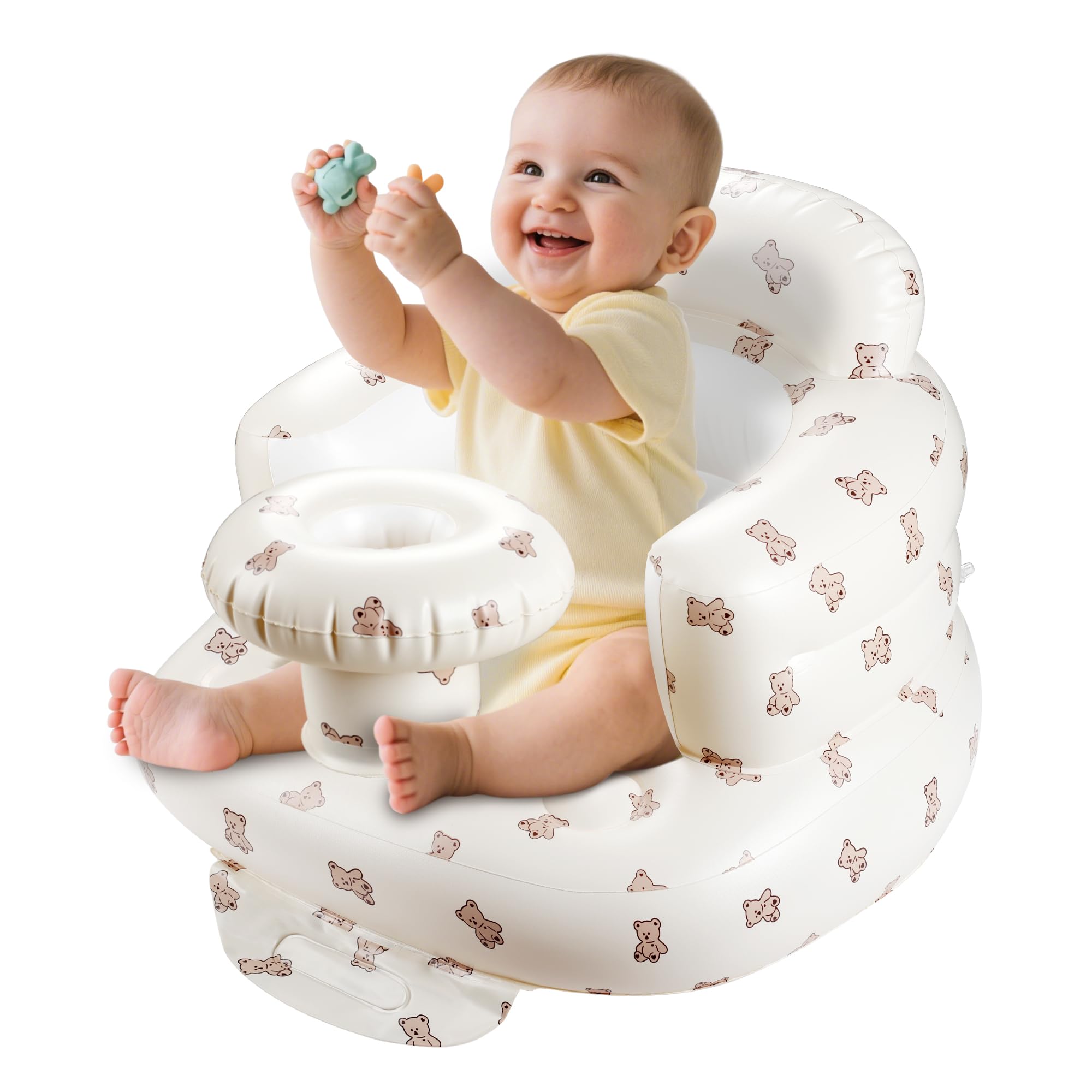 Hvygss Inflatable Baby Seat with Tray, Comfortable Sit Me Up Floor Seat for Baby Learning to Sit, Portable Built in Air Pump Back Support Blow Up Infant Floor Chair for Babies 3 Months (Bear Cub)