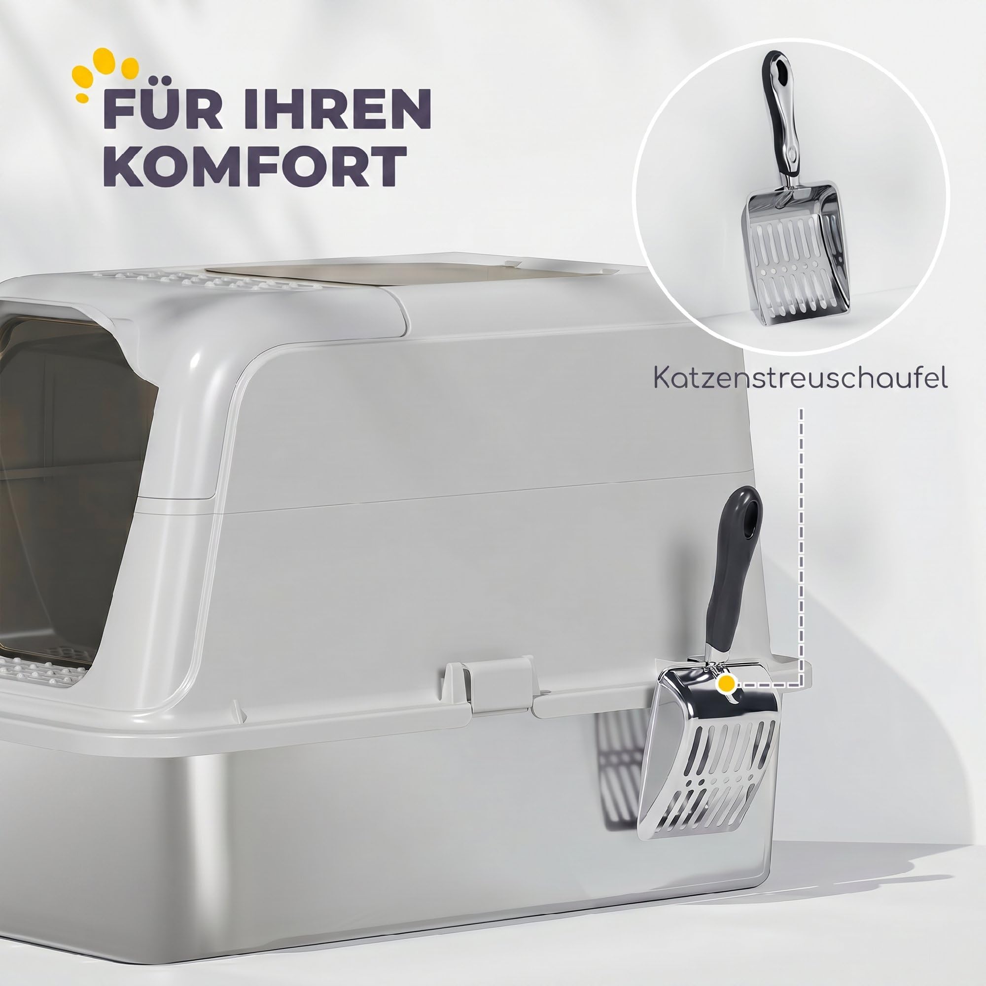 PawHut Katzenklo mit Deckel für Katzen bis 8 kg 60,4x40,4x41,8 cm Hellgrau | Edelstahl, Katzentoilette mit Haube, Schaufel, Deodorierungsbeutel, Doppelgänge Katzentoilette