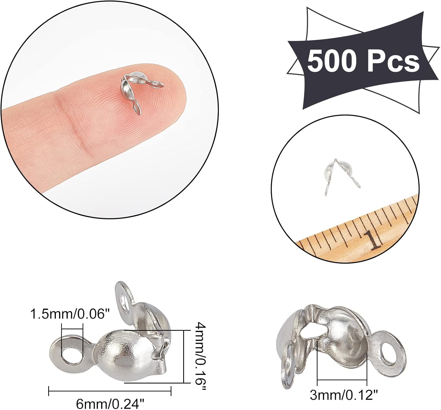 NBEADS 500 PCS Stainless Steel Bead Tips, Open Clamshell Fold-Over Bead Tips Knot Covers End Caps for Knots & Crimp Findings - Image 4