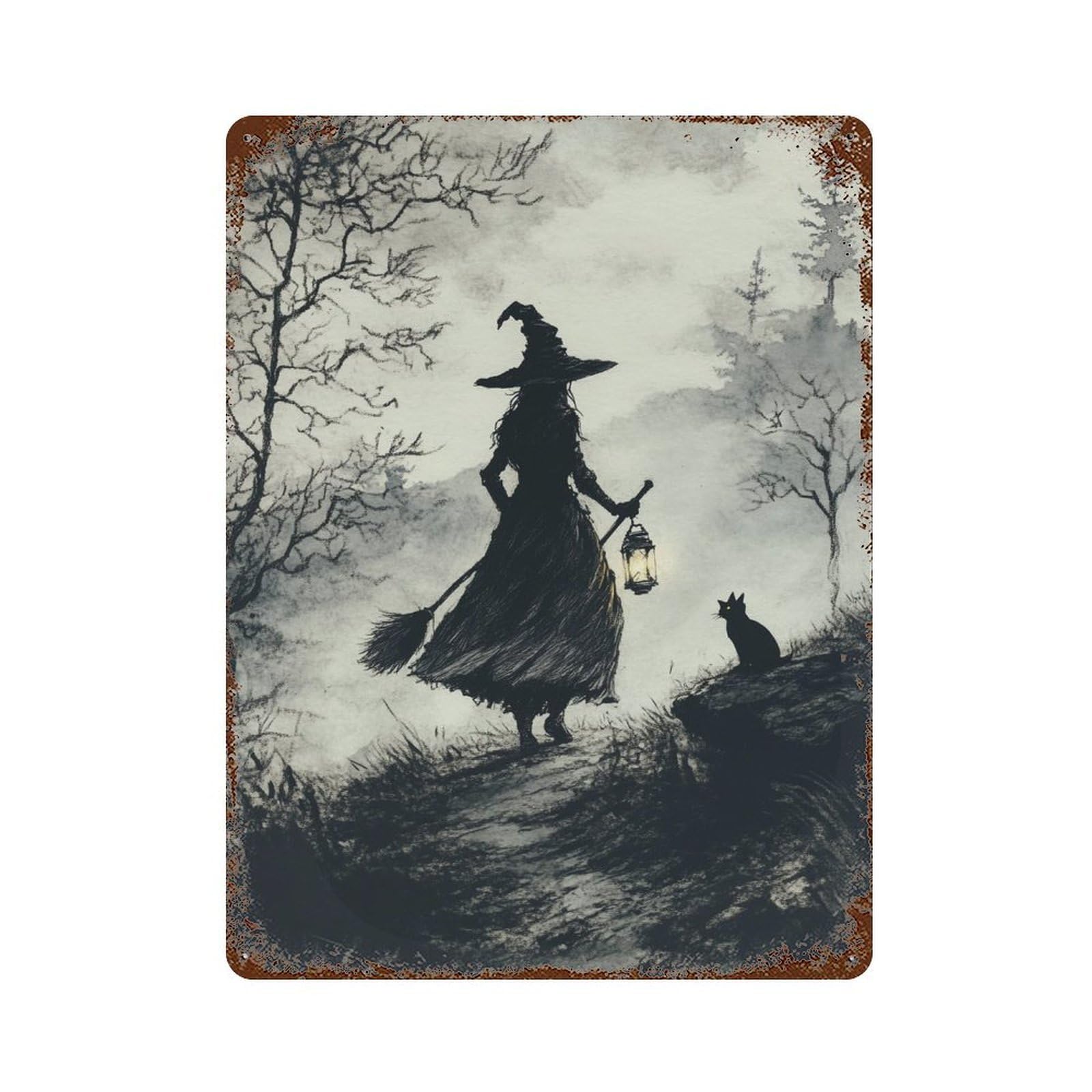 Rusty Metal Tin Sign Witch with Lantern And Cat 15.7"x11.8", Rustic Home Decor for Shed, Workshop And Garage Wall Decor