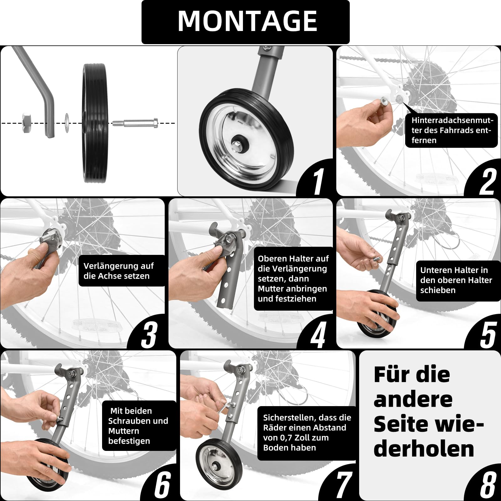 Kinderfahrrad Stützräder Verstellbare Stützräder für 16, 18, 20, 22, 24 Zoll Kinderräder & Mehrgangräder - Inklusive Komplettem Montageset, 1 Paar, Schwarz