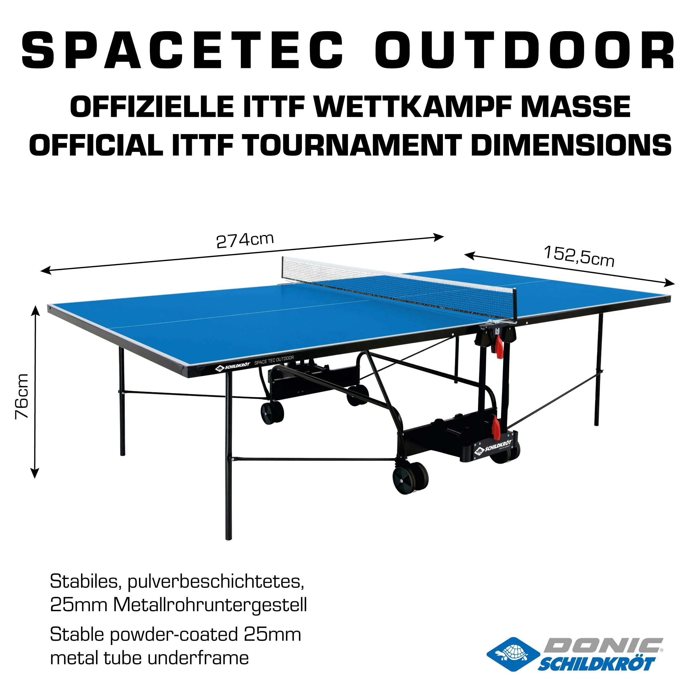 Schildkröt Tischtennisplatte Space Tec Outdoor, Outdoor Kompakttisch, wetterfeste 4mm Melaminharzplatte, Blaue Oberfläche, schwarzes Untergestell, klappbar und durch Räder leicht fahrbar