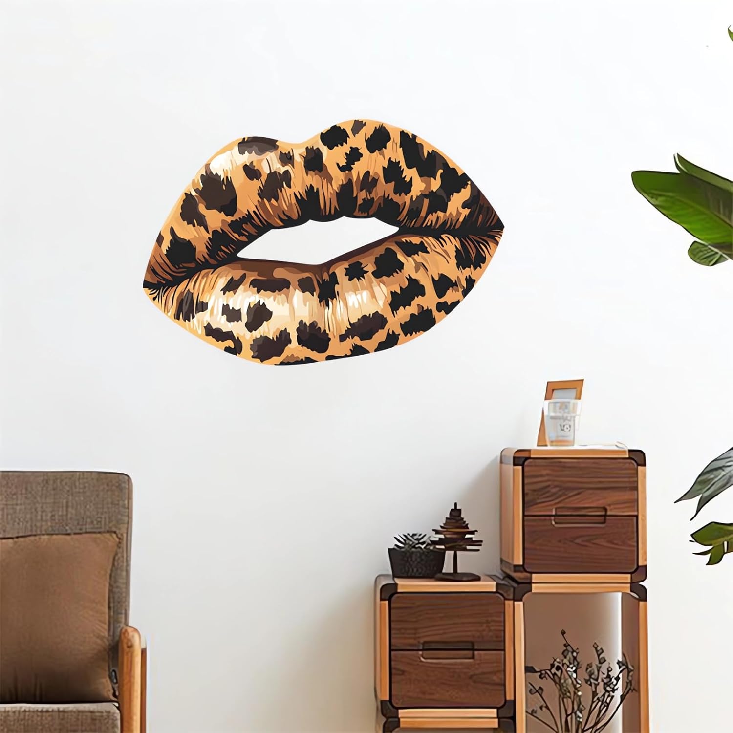 Brown Leopard Print Lip Wall Stickers, sacinora Stylish Mouths Watercolor Art Wall Decals Removable Vinyl Peel and Stick for Bedroom Bathroom Living Room Home Decorations
