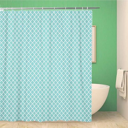 Cortina de ducha de baño con diseño de Quatrefoil blanco turquesa sobre tela de poliéster de 71.7 x 71.7in impermeable cortina de baño con ganchos