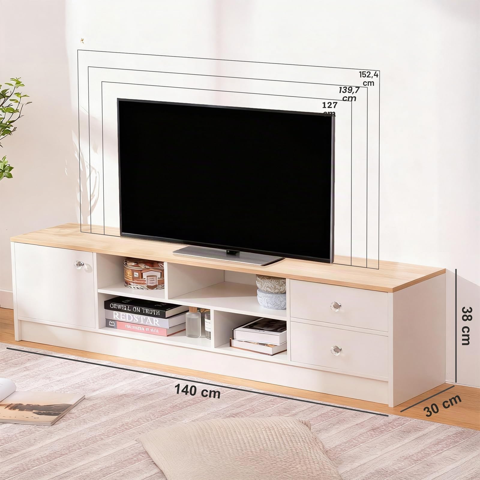 Mobile TV Nordico 140×30 cm – 1 Anta, 2 Cassetti e 4 Ripiani Aperti, Piano Effetto Legno Chiaro & Struttura Bianca, Design Moderno per Soggiorno o Camera