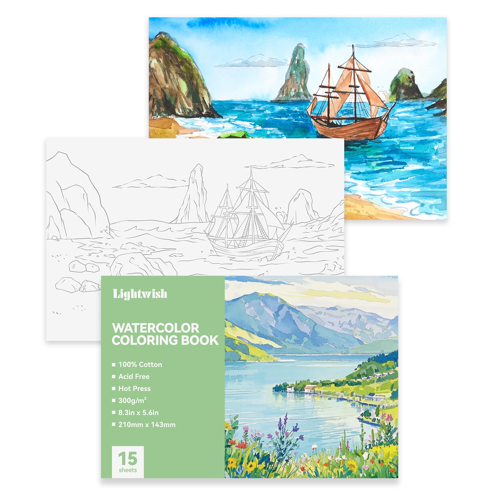 LIGHTWISH Watercolour Coloring Book for Adults & Beginners | 15 Premium Sheets | 100% Cotton 300gsm Hot-Press Paper | 21 x 15 cm| Nature-Themed Art Sketchbook | Mountains, Forests & Scenery