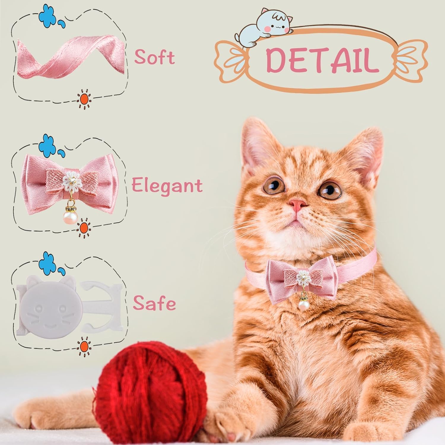 Cute Kitten Collars for Girl Cat Collar Breakaway Pink Bow Cat Collar Girl Cat Accessories Bowtie Kitty Collar with Flower (Color A) - Image 2