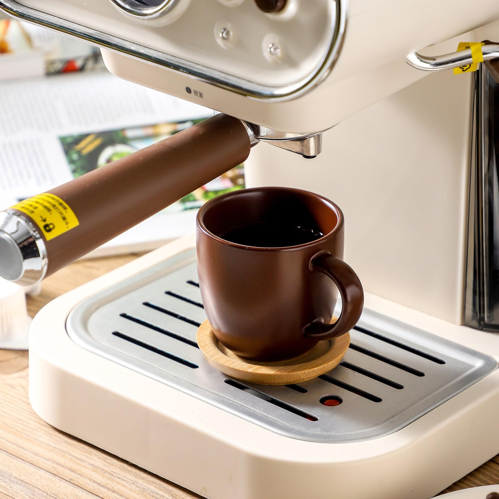 Hasense Stapelbare Mini-Espressotassen und Untertassen aus Porzellan, 118 ml, Keramik, klein, Demitasse, Espressotassen mit Deckel, für Nespresso, Lungo, Latte, Café, Mokka und Tee, Braun, 6 Stück