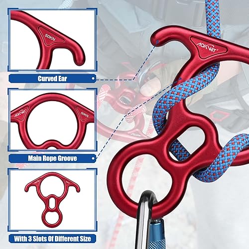 Miniatura 5 de Figura de rescate de 50KN, 8 descender grande con orejas curvadas y engranaje de rappel, dispositivo de seguridad para escalada en roca Peak Rescue