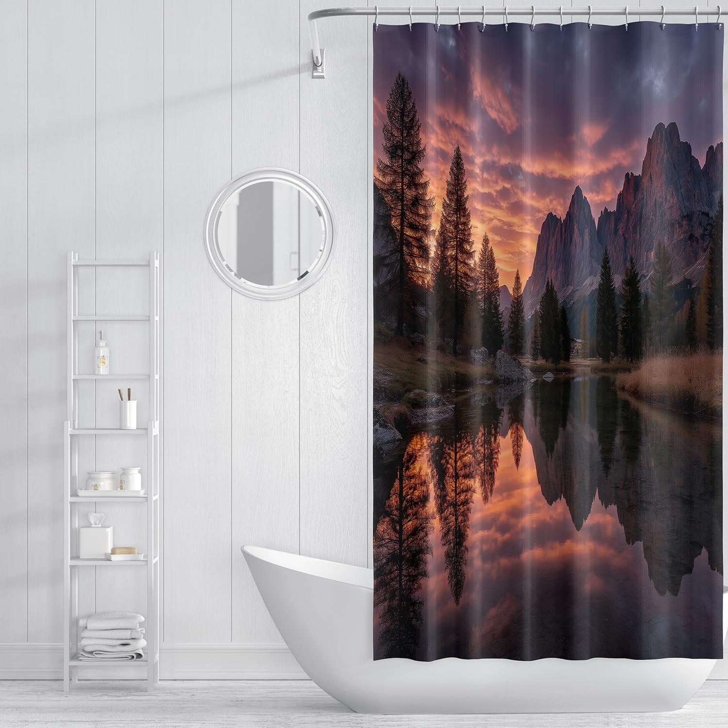 Cortina de Ducha con Diseño de Atardecer en La Montaña para Baño,con Montañas y Pinos Reflejados en el Agua,con Ganchos de Plástico,Lavable a Máquina y Secado Rápido,240Anx200Alcm (1 Panel).