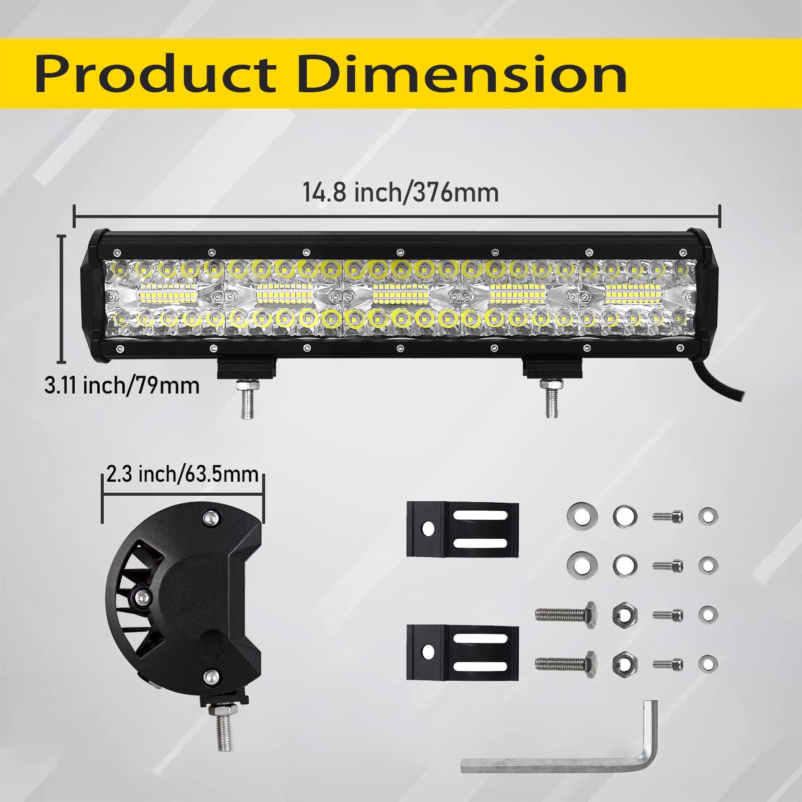 PICAA Barre Lumineuse LED, 15 Pouces 300W Rampe LED 4x4+Support de Montage