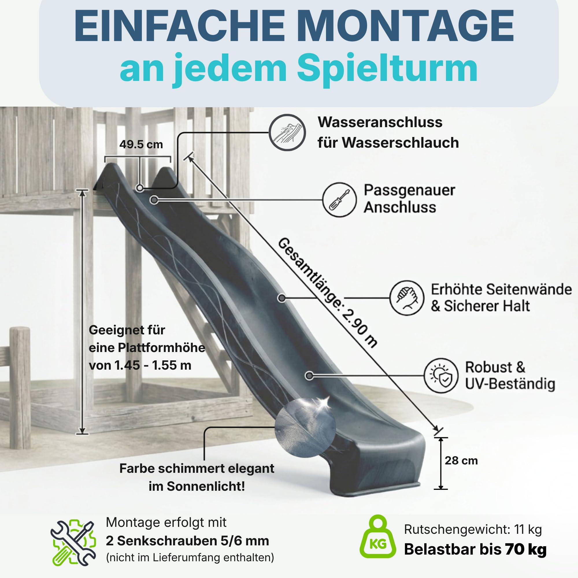 Kinder Rutsche 2,90 m Outdoor Garten Spielgeräte, Blau | Stabile Wasserrutsche für Kinder, Alternative zu Indoor Spielgeräten, Kinderrutsche 2,90 m, Wellenrutsche für Podestöhe 1,50