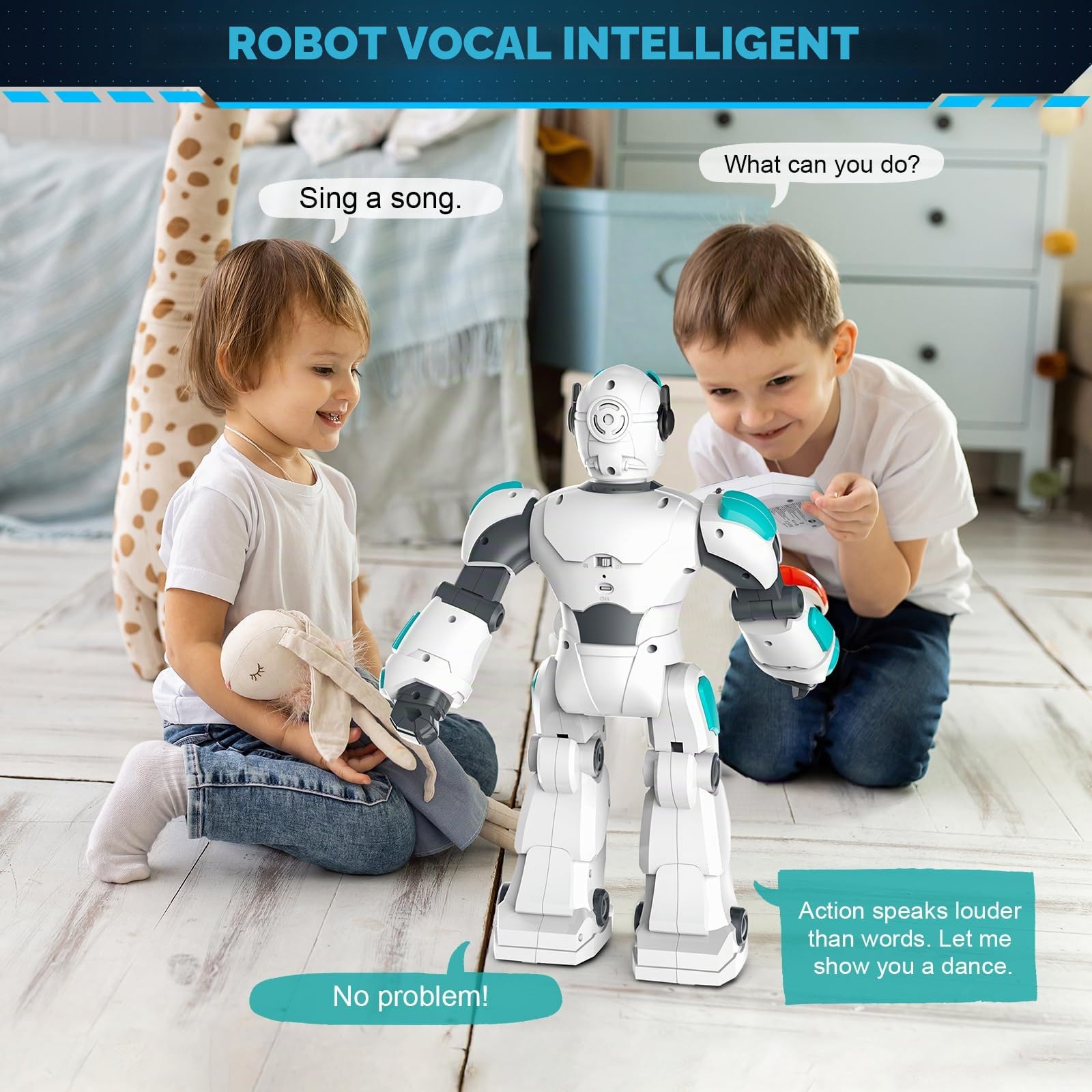 Robot télécommandé programmable RC pour enfants, grand jouet de 40 cm avec chant, danse, détection de gestes et commande vocale, intelligent rechargeable pour tout-petits garçons filles 3+