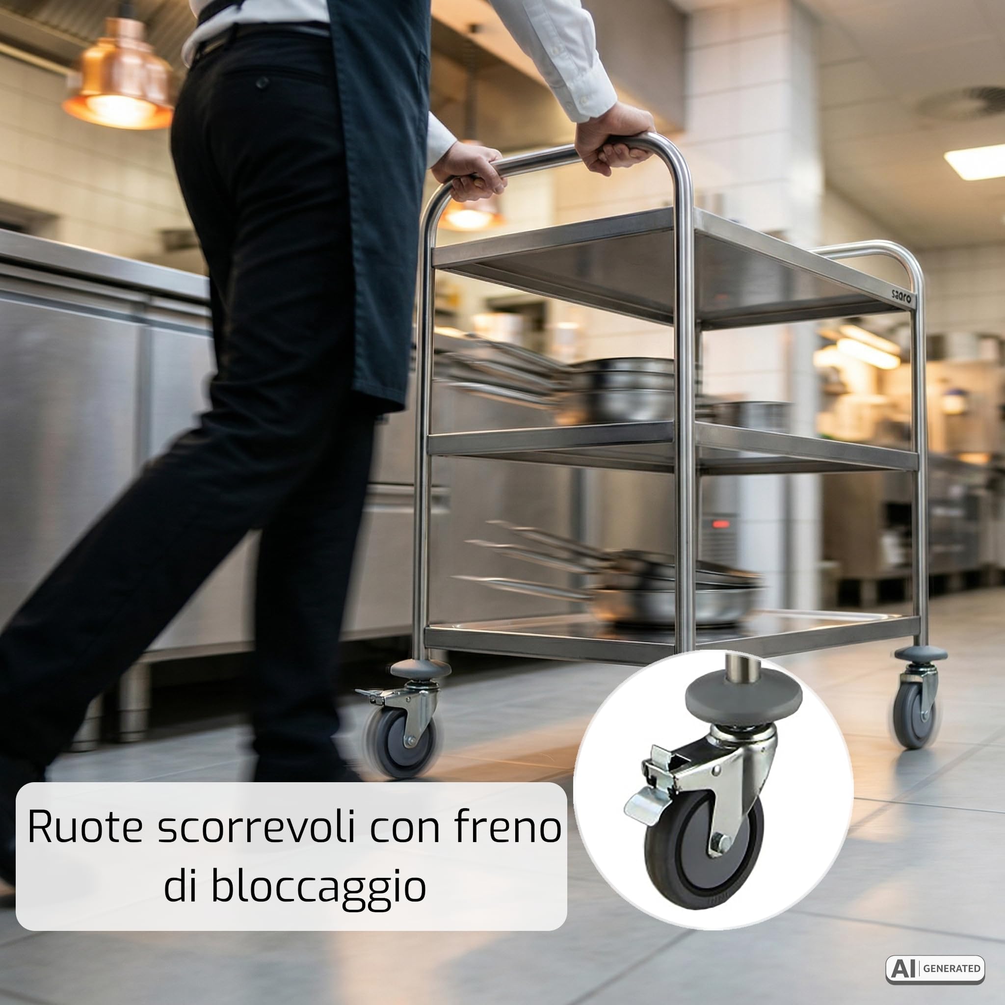 SARO BASTIAN - Carrello da trasporto a 3 ripiani, in acciaio inox, con portata da 80 kg, 4 ruote (2 con freno), da 86 x 54 x 94 cm, per settore gastronomico e servizio