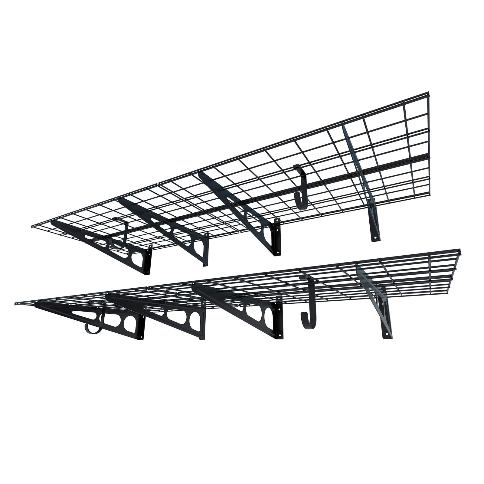 FLEXIMOUNTS 2-Pack 2x6ft Garage Shelving with Hooks 24-inch-by-72-inch Wall Shelf Garage Storage Racks Floating Shelves, Black