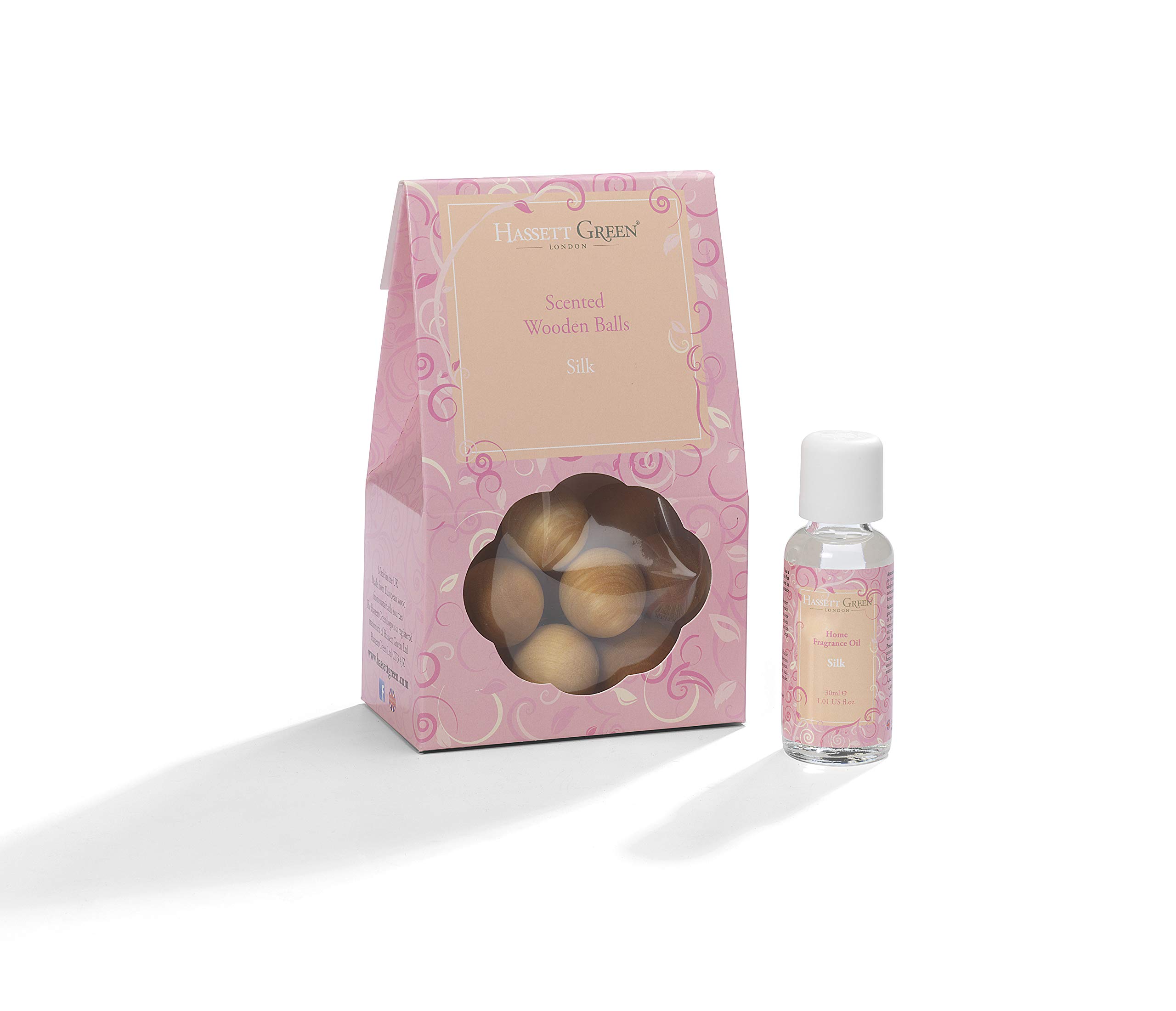 Hassett Green London Brown - Silk - Gardenia & Freesia Fragrance - Scented Wooden Balls Pack Of 12 Plus 30Ml Bottle Of Home Fragrance Oil For Refreshing - Alternative To Pot Pourri & Diffusers