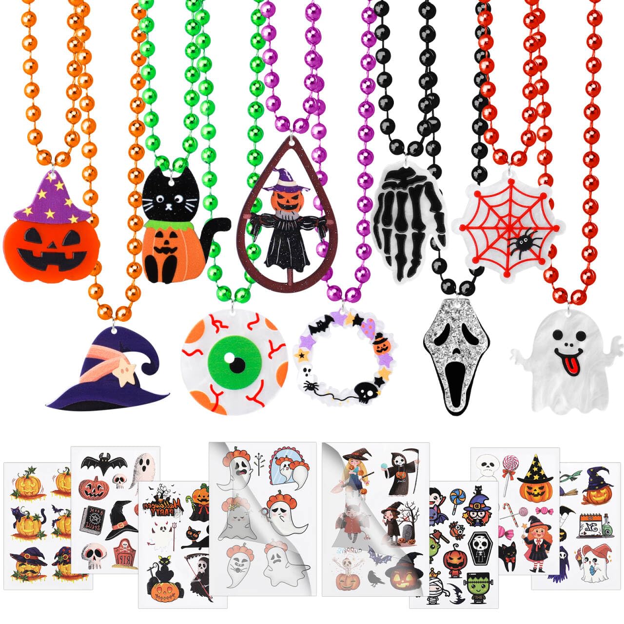 Alomois Halloween Beads Necklaces with Pendant Charms, 48pcs Wizard Tattoos for Party 30pcs Magic Bead Necklace for Halloweens Party Favors Cosutme Accessories(Halloween)