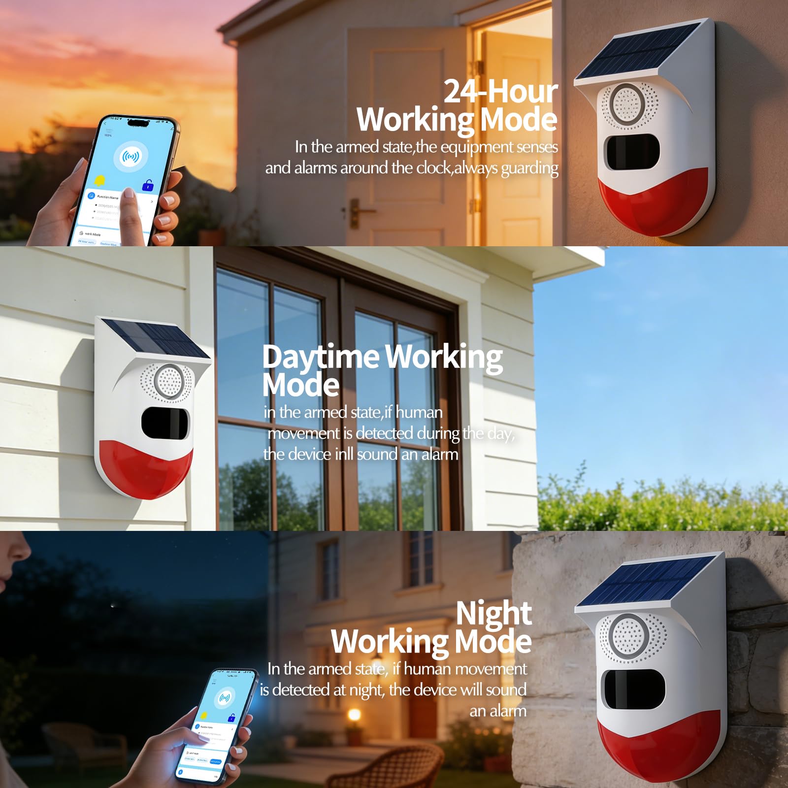 WiFi Sensor de Movimiento, Sensor Solar Adecuado para Interiores y Exteriores, Volumen de 0~120dB, Control Remoto, Programación Temporal, con Mando a Distancia, 3 Modos Ángulo Detección 110º